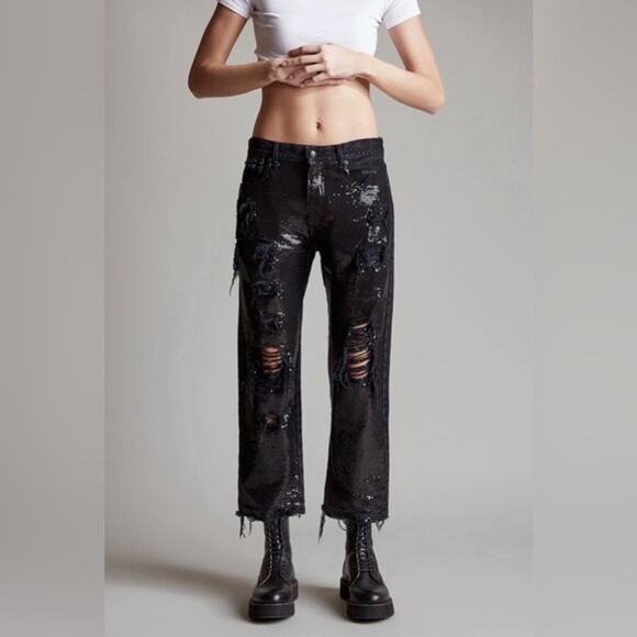R13 Sequin Boyfriend Jeans Women's 26 Black Denim Distressed - Picture 2 of 14